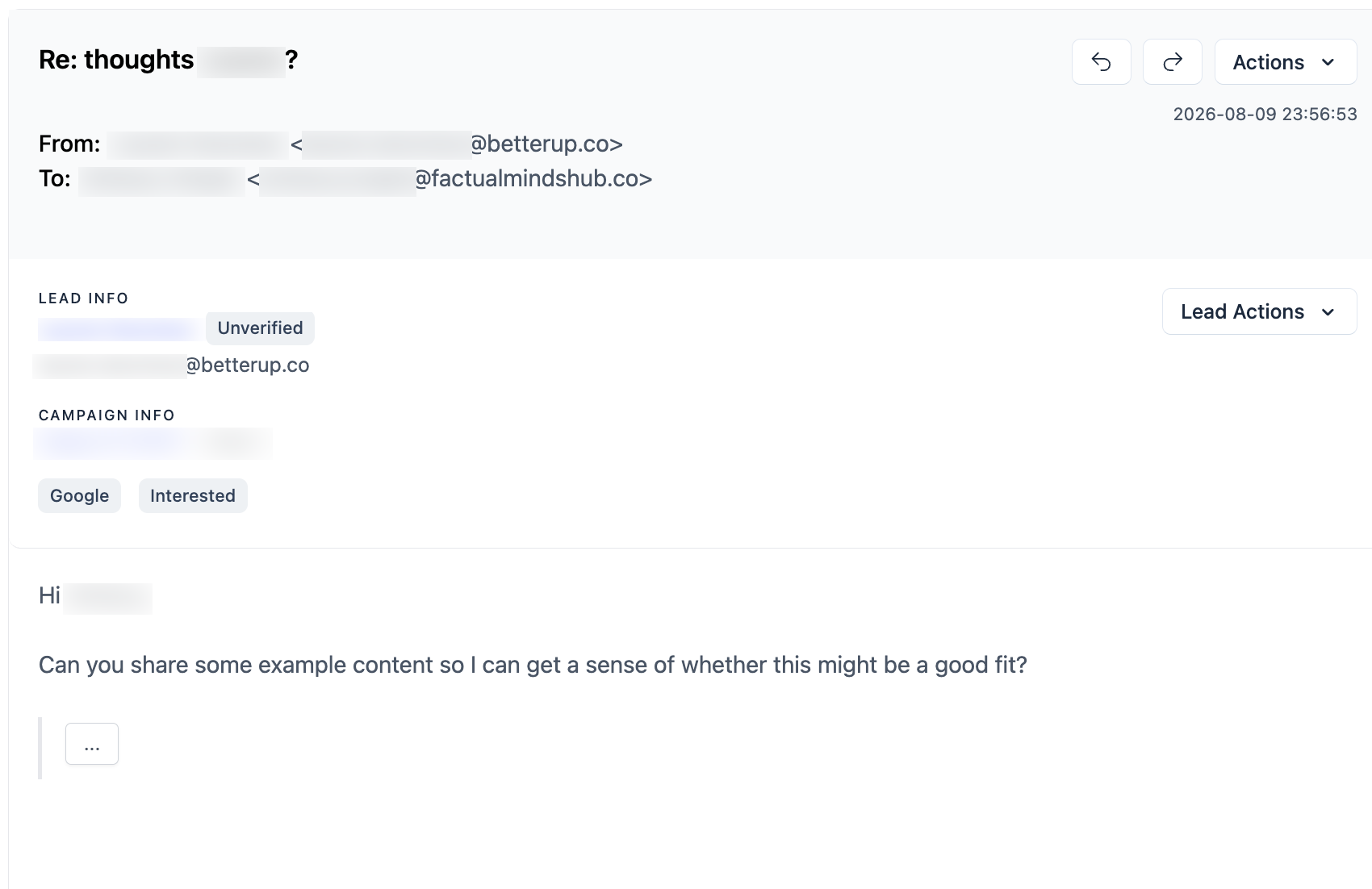 BetterUp email reply, with personal details redacted