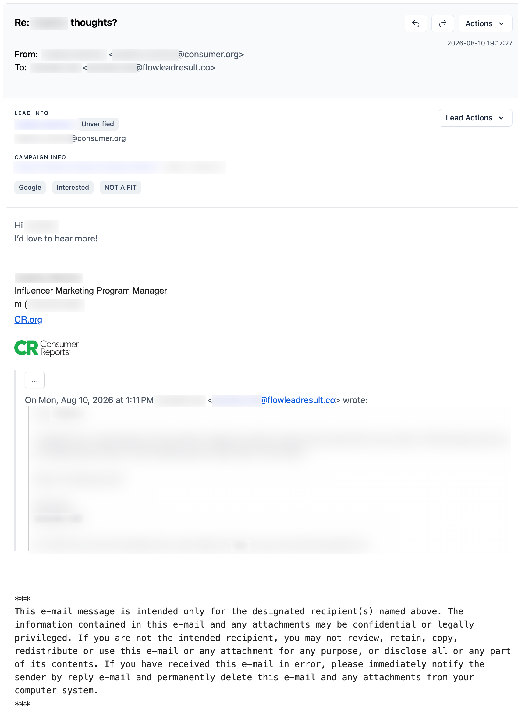 Consumer Reports email reply, with personal details redacted