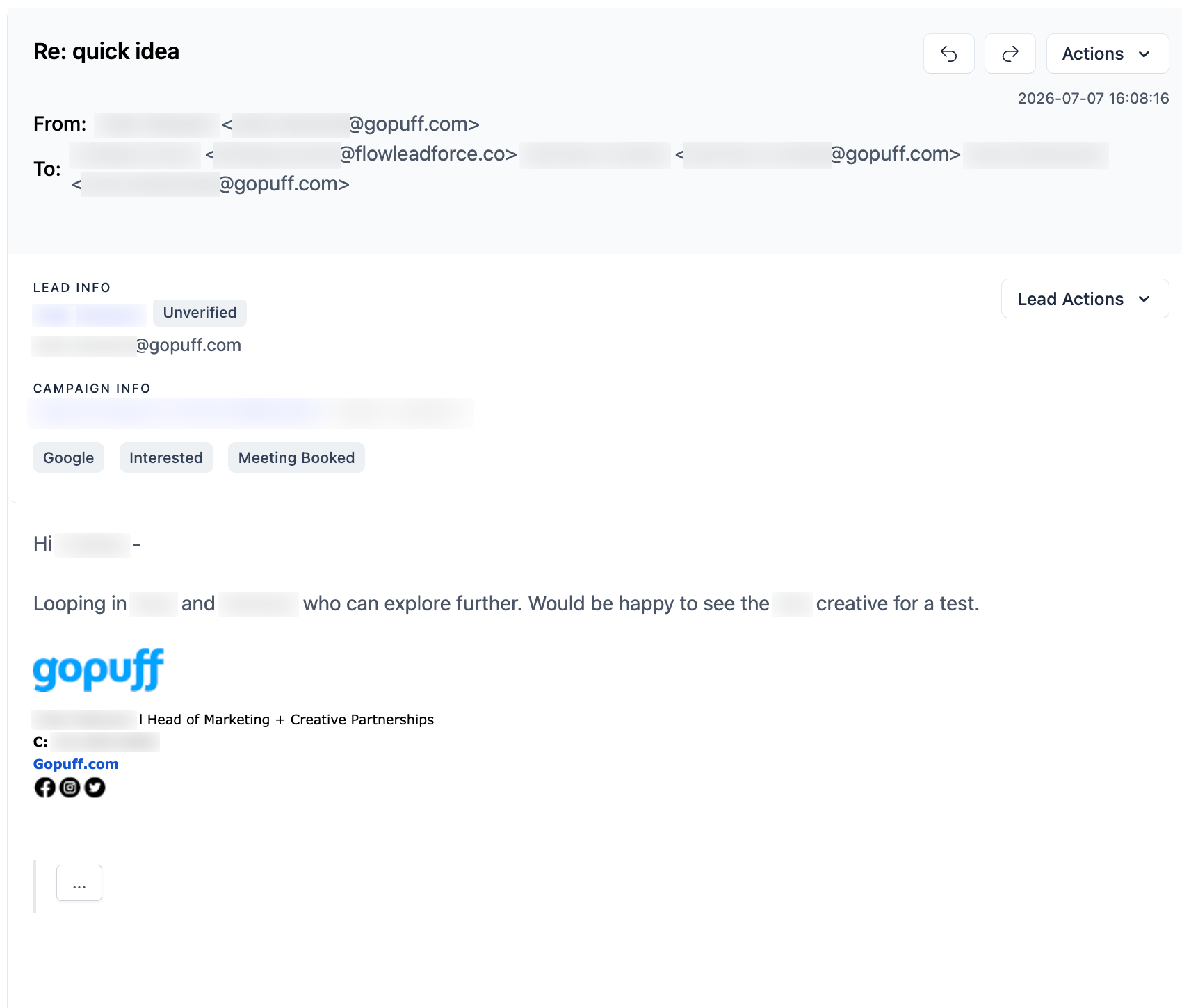 Gopuff email reply, with personal details redacted